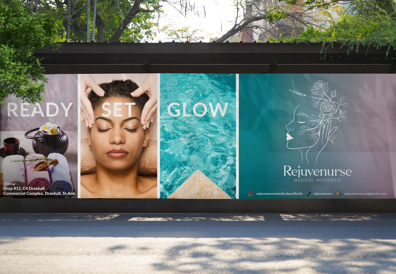 Rejuvenurse Ready Set Glow window graphics on a storefront